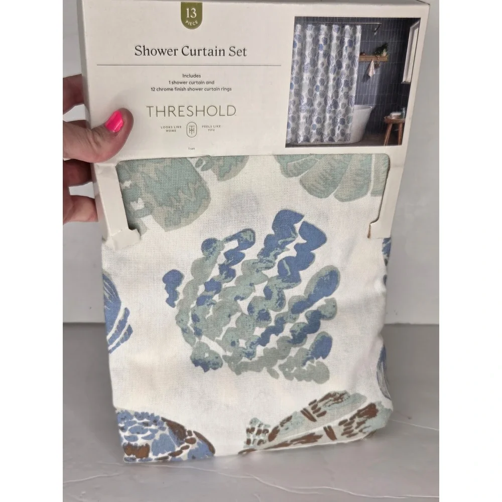 Threshold Coastal Seashell Cotton Shower Curtain Set Blue White Beach Summer